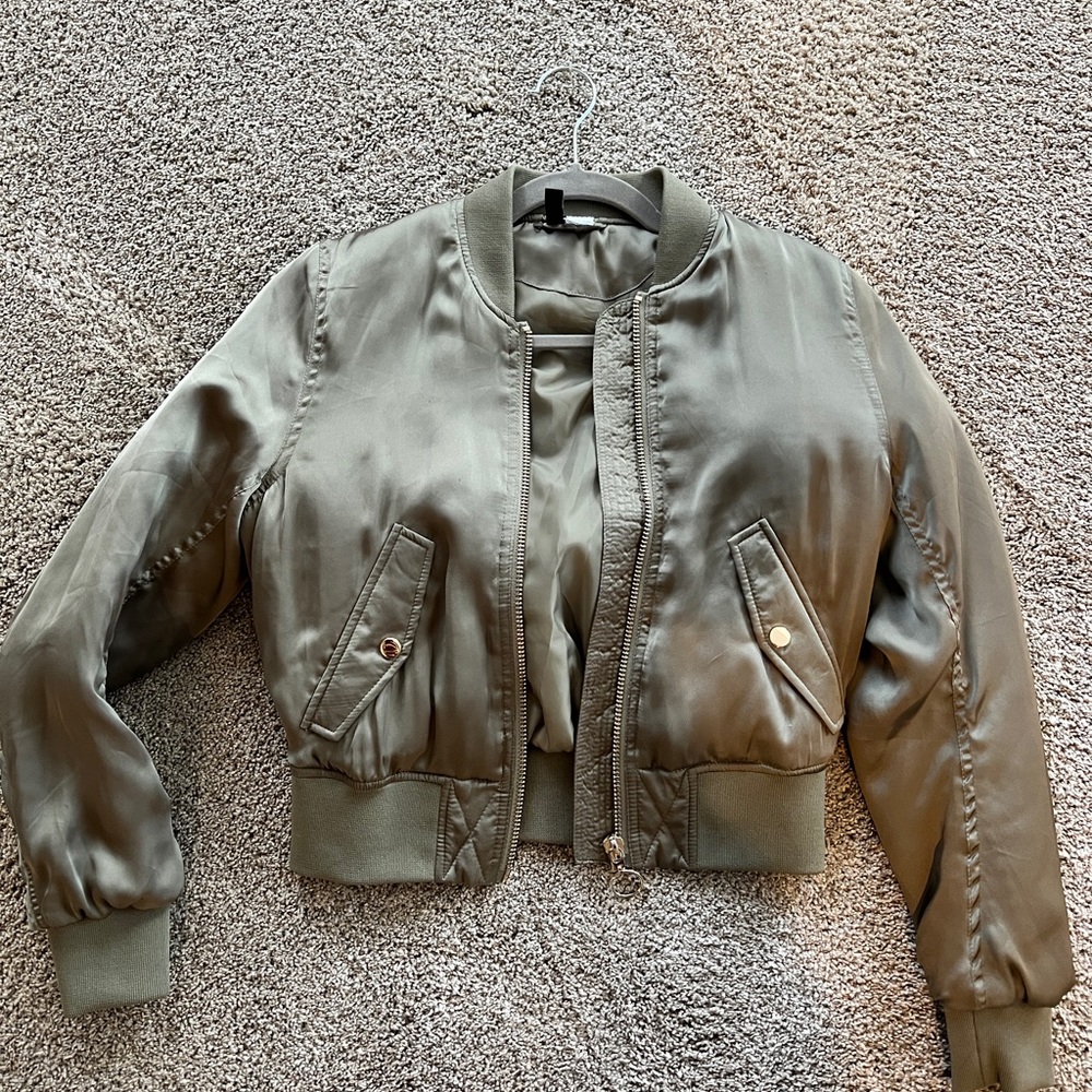 Metallic pea green bomber jacket; size US6